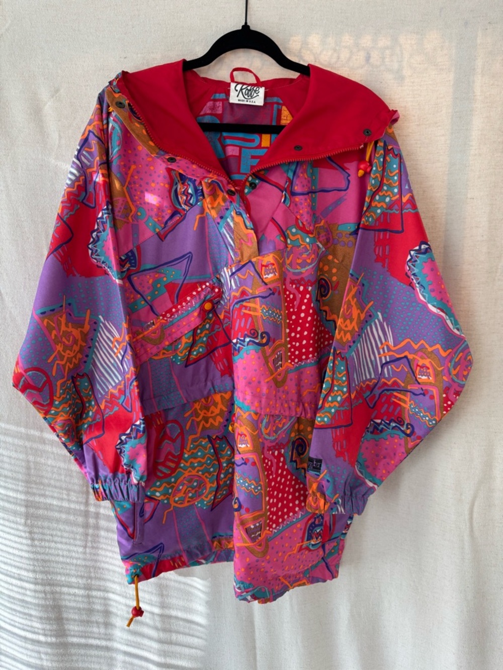 Kobbe Vintage 80s Abstract Print Pullover Windbreaker Hood USA